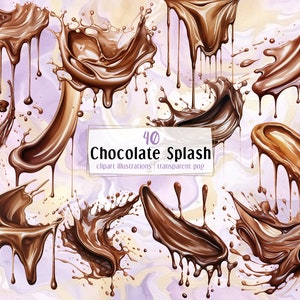 Spruzzata di cioccolato. Illustrazioni in stile acquerello. Cioccolatini al latte fusi, deliziose creme spalmabili decorative, spruzzi, elemento antigoccia / clip art PNG