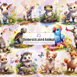 Domesticated Animal, watercolor illustrations. Cute adorable pets, livestock and farm baby animals in flower fields | PNG clip art cartoon