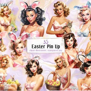 Ilustrações de garota pin up de Páscoa. Mulheres vintage dos anos 40 em roupas de primavera, orelhas de coelho, segurando cestas de ovos, garota rockabilly | Clip-arts PNG