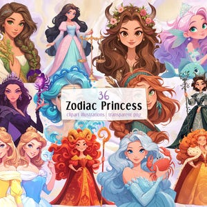Cartoon-Sternzeichen Prinzessin Illustrationen. Niedliche entzückende Frauen, die jedes Sternzeichen darstellen, Kinder-Fantasy-Märchenstil | PNG-Cliparts