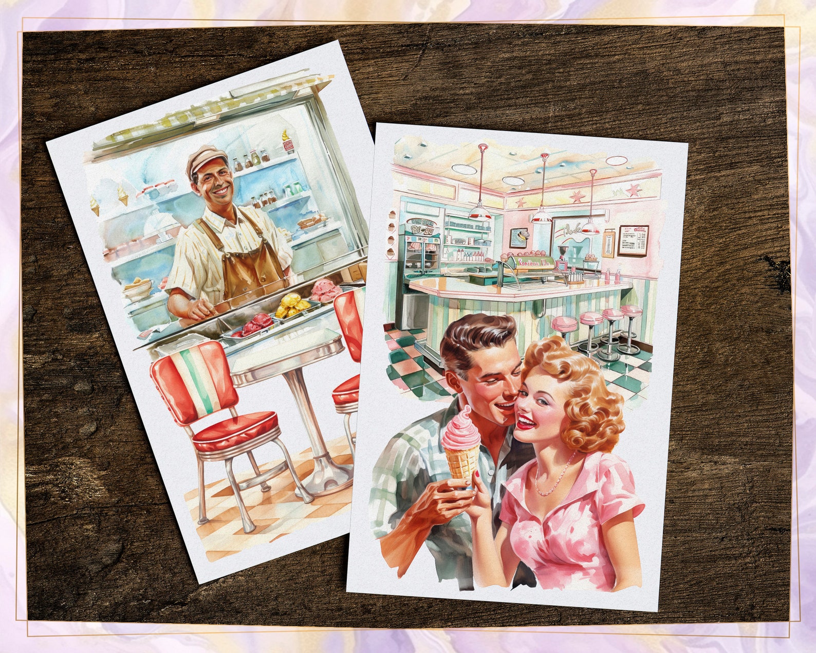 Retro Ice Cream Parlor Illustrations. Vintage 50's Style Shop, Colorful ...