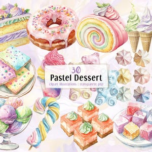 パステルカラーのデザートイラスト。美味しそうな鮮やかな色のペストリー、カラフルなアイスクリーム、クッキー、ケーキのスライス、メレンゲ、キャンディー | PNGクリップアート