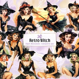 Retro Witch illustrations. Vintage 40&#39;s female witches wearing black and orange hat and dress. Rockabilly pin up model style | PNG clip arts