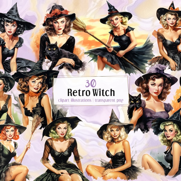 Retro Witch illustrations. Vintage 40's female witches wearing black and orange hat and dress. Rockabilly pin up model style | PNG clip arts