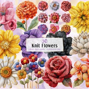 May include: A selection of 30 knitted flowers in diverse colours, such as pink, orange, yellow, purple, red, and white. The flowers are set against a light purple backdrop. The image includes text that reads "30 Knit Flowers".