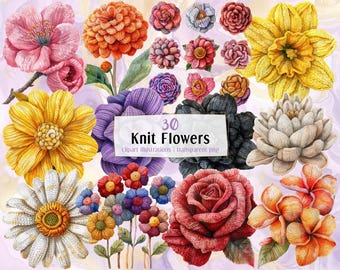 Knit Flowers | PNG Clip Art Illustrations. Crochet Flower Heads