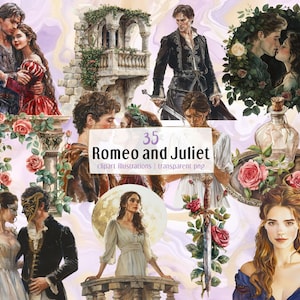 Ilustraciones de Romeo y Julieta. Obra clásica de Shakespeare, romance y tragedia, triste historia de amor, retratos de pareja, renacimiento / imágenes prediseñadas PNG