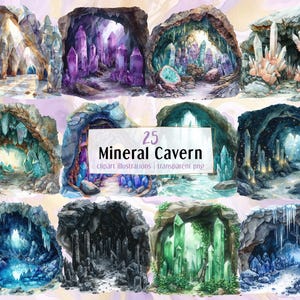 Illustrations de la caverne minérale. Grotte de cristal colorée, géodes, pierres précieuses brillantes, grottes géologiques fantastiques enchantées, cristaux | clipart PNG