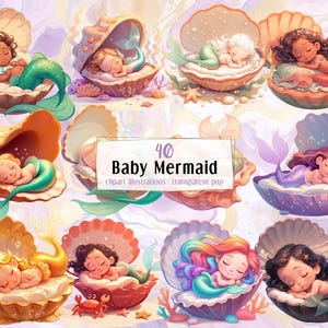 Cartoon Baby Meerjungfrau Illustrationen. Niedliche entzückende kleine Babys schlafen in bunten Muscheln, Märchenfantasiekinder | PNG-Cliparts