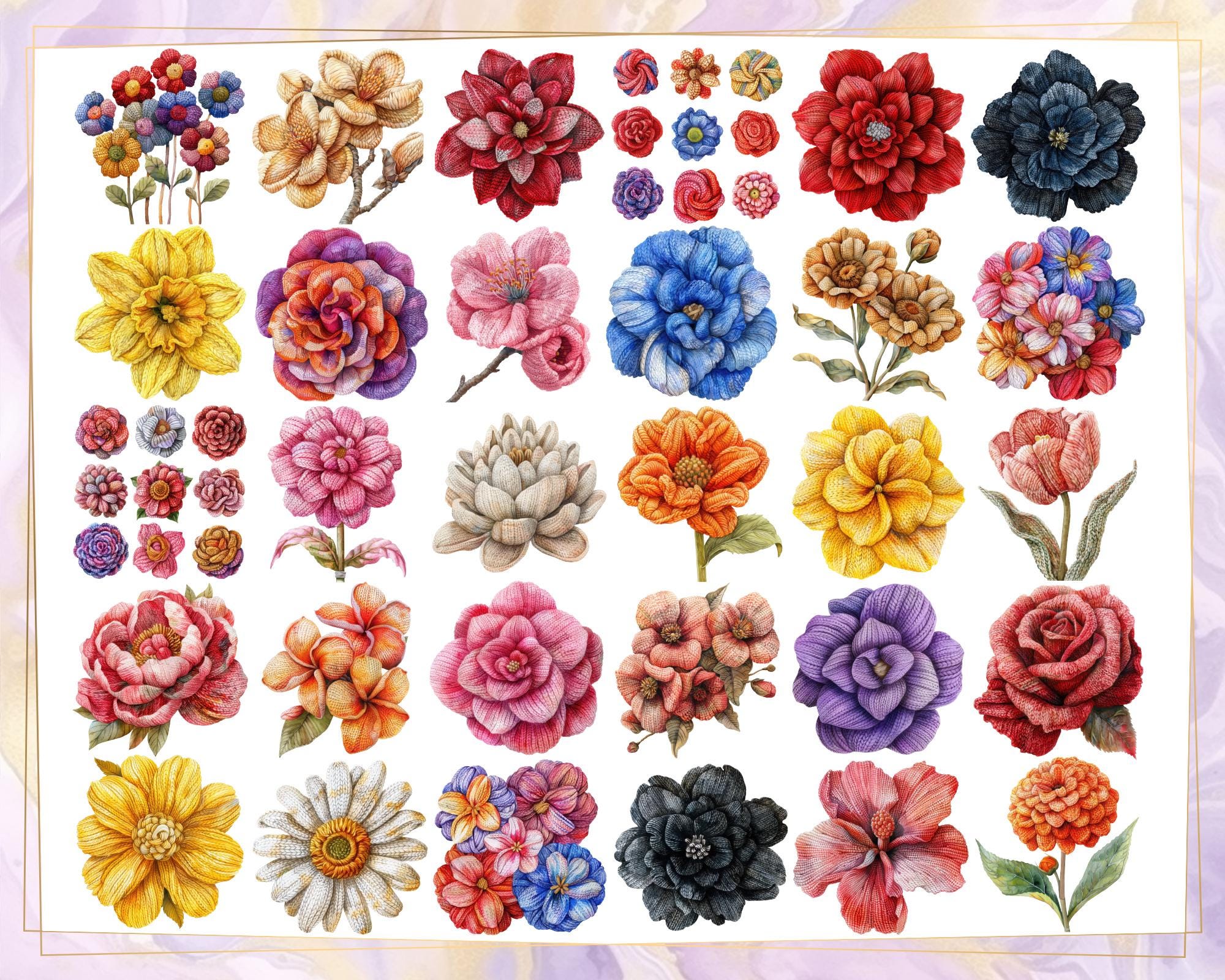 Knit Flowers | PNG Clip Art Illustrations. Crochet Flower Heads
