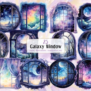 May include: A set of 25 watercolor galaxy window clipart illustrations. The windows are in various shapes and sizes, with different galaxy scenes inside. The windows are all on a white background.