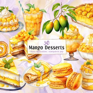 Desery z mango. Ilustracje w stylu akwareli. Tropikalne letnie owoce mango, żółte ciasto ciasto makaroniki babeczki napoje | PNG clipart