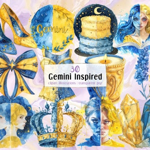 Ilustrações inspiradas em Gêmeos. Gêmeos aniversário signo do zodíaco elementos de objetos temáticos e pessoas, azul e amarelo, pares e metades | clipart PNG