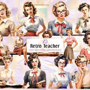 Retro Lehrer. Illustrationen im Aquarellstil. Vintage 40er Jahre Lehrerinnen, Rockabilly Pin Up Model Typ Portraits | PNG ClipArts