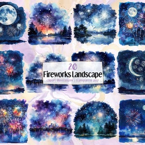 Ilustraciones de paisajes con fuegos artificiales. Cielos nocturnos oscuros con destellos, explosión de fuegos artificiales de colores en el cielo de la ciudad y la naturaleza / Imágenes prediseñadas PNG