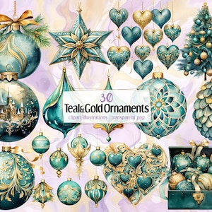 Ilustrações de enfeites de Natal azul-petróleo e dourado. Bolas de natal decoradas festivas em uma caixa, conjunto de decorações, em forma de coração | PNG clip art
