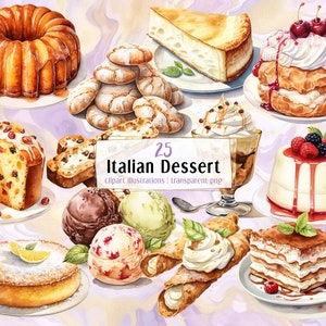 Italiaanse desserts, illustraties in aquarelstijl. Heerlijke zoete gerechten uit Italië, taart tiramisu cannoli panna cotta gelato | PNG-illustraties