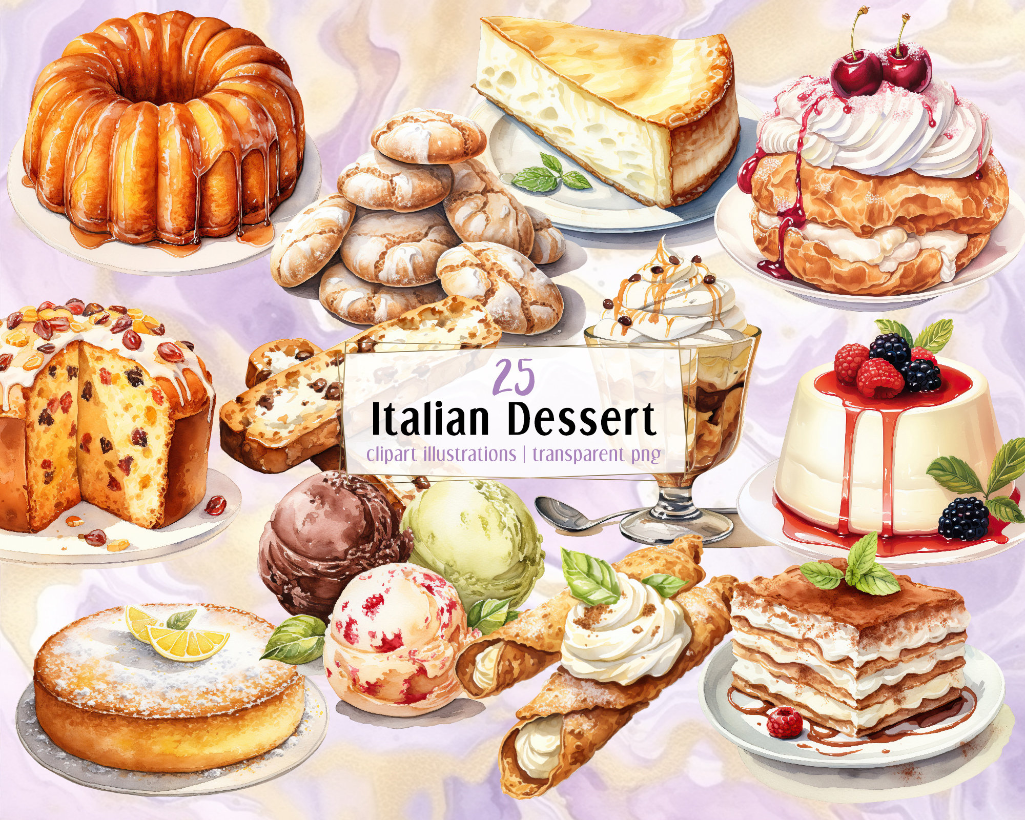 Italian Desserts, Watercolor Style Illustrations. Delicious Sweet Dishes  From Italy, Cake Tiramisu Cannoli Panna Cotta Gelato | PNG Clip Art - Etsy, image size:2000x1600