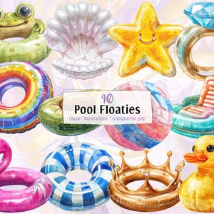 May include: A collection of colorful pool floaties in various shapes, including a frog, seashell, starfish, diamond ring, rainbow ring, beach ball, lounge chair, flamingo, blue and white ring, crown, and duck. The image includes the text "40 Pool Floaties".