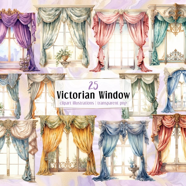 Victorian windows illustrations. Window frames with fancy decorative drapes, heavy fabric curtains, vintage house interior | PNG clip arts