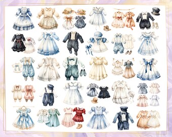 ビクトリア朝の幼児服のイラスト。美しいビンテージドレス、スーツ