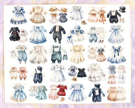 ビクトリア朝の幼児服のイラスト。美しいビンテージドレス、スーツ