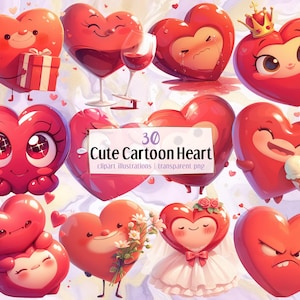 Ilustraciones de corazones de dibujos animados. Adorables corazones románticos, expresiones felices y tristes, sosteniendo regalos, flores, llorando, guiñando el ojo / Imágenes prediseñadas PNG