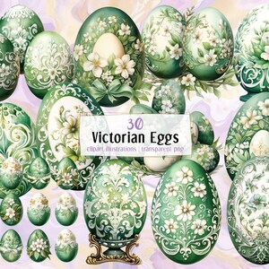 May include: 30 Victorian-style Easter eggs with intricate green and white floral designs. The eggs are painted with swirls, vines, and flowers.