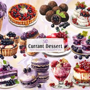 Illustrations de desserts aux groseilles. Cassis et groseilles, délicieux gâteaux, glaces aux baies, meringue, tartes, pâtisseries | clipart PNG
