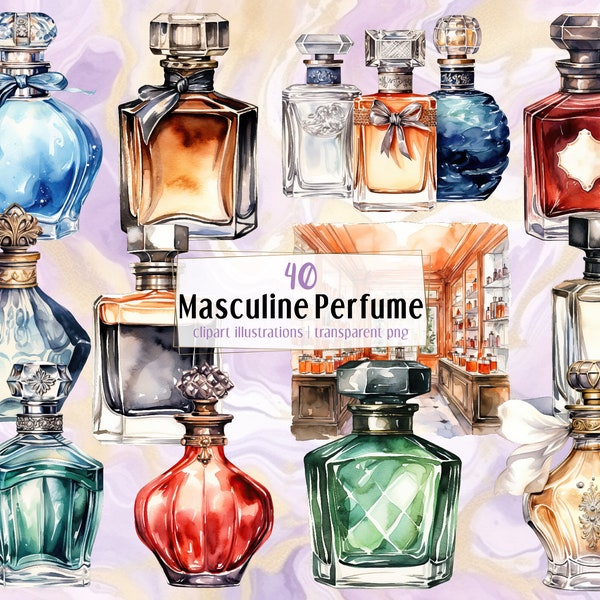 Masculine Perfume illustrations. Aromatic fragrance glass bottle, dark and neutral colors, luxury collectible unisex colognes | PNG clip art