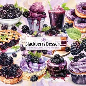 Ilustracje Blackberry Dessert. Pyszne fioletowe ciasto jagodowe, ciasta, napoje, tarty, ciasto z całymi jagodami, kremowa babeczka | PNG clipart