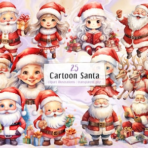Ilustraciones de dibujos animados de Papá Noel. Elemento festivo navideño, un adorable y alegre Papá Noel, una alegre Santa Claus vestida de rojo, figura festiva / Imágenes prediseñadas PNG