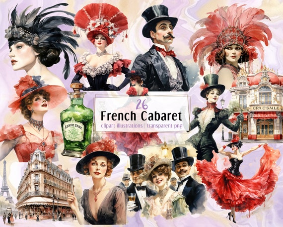 フランスのキャバレー、水彩画風のイラスト。1920 年代の