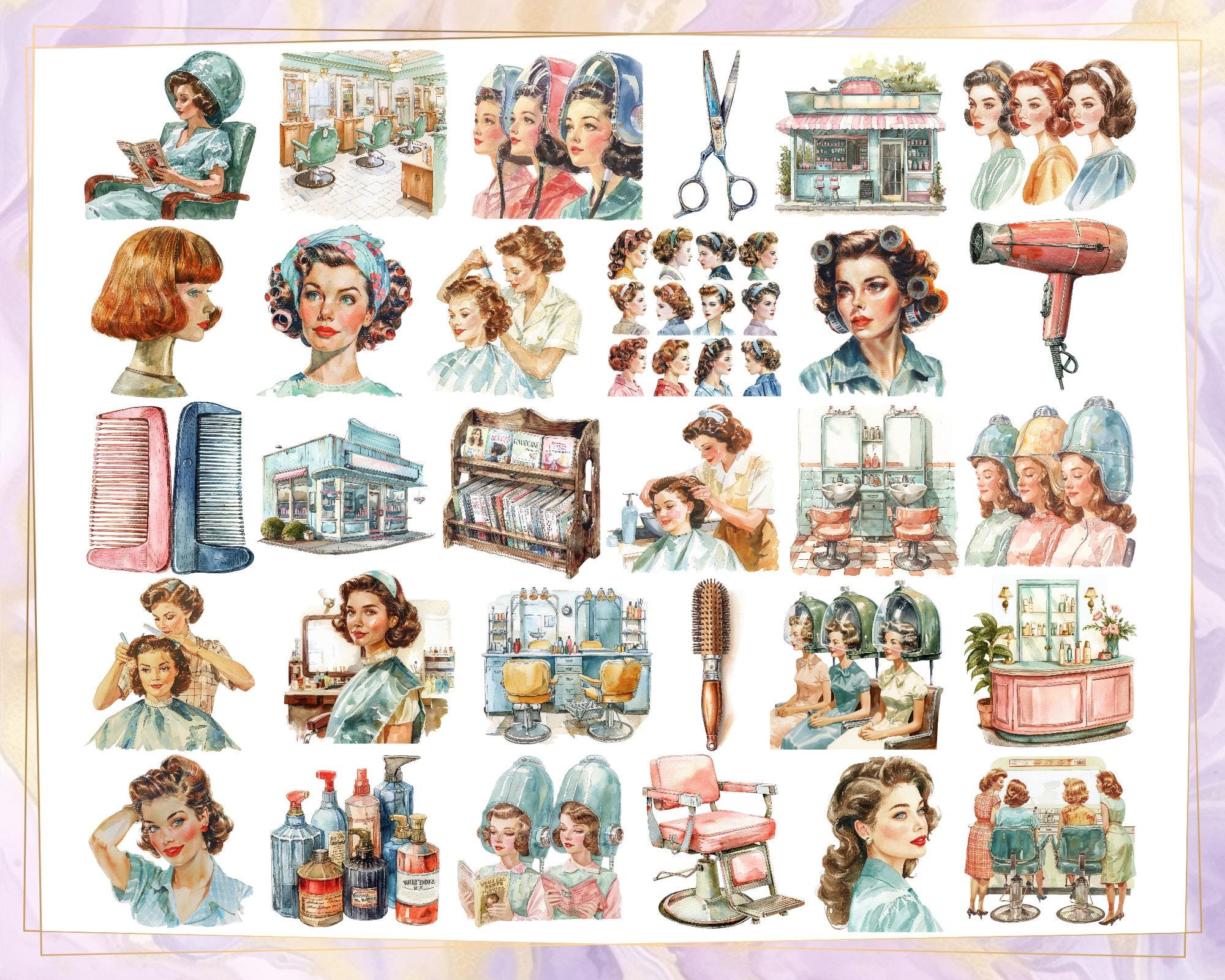 Vintage Hair Salon Illustrations. Retro 50's Style Woman's Hairstyle