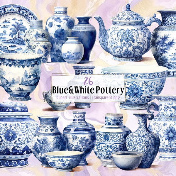 Blue and white pottery. Watercolor style illustrations. Vintage porcelain china ceramics, Chinoiserie botanical ornaments | PNG clip arts