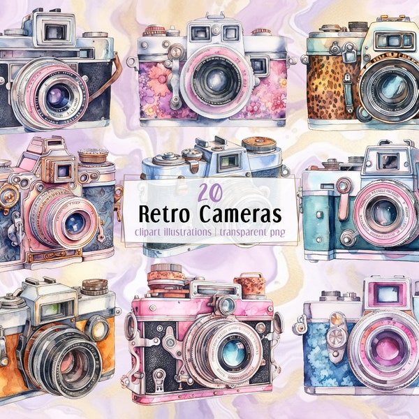 Retro antique cameras, watercolor style illustrations. Old simple vintage film camera, photography, colorful, pattern, floral | PNG clip art