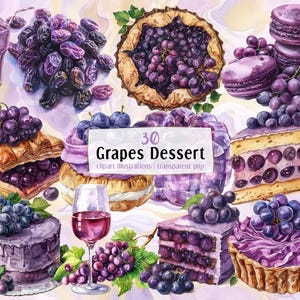 Lila Trauben Dessert Illustrationen. Gebäck mit Traubenfruchtgeschmack, Kuchenstücke, Macarons, Pasteten, süße Rosinen, Milchshake, Wein | PNG-Clipart