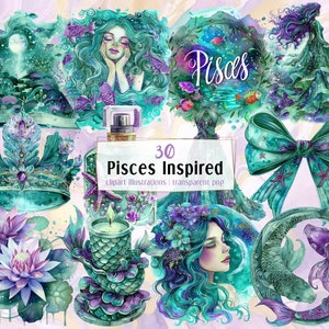 Ilustrações inspiradas em Peixes. Peixe aniversário signo do zodíaco elementos de objetos temáticos e meninas, roxo e verde mar, debaixo d'água | Clip-arts PNG