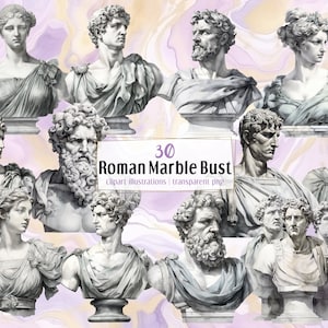 Ilustrações de busto de mármore romano. Esculturas antigas de retratos de cabeça de homem e mulher, estátuas brancas italianas. Obras decorativas. | Clip-arts PNG