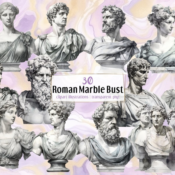 Roman Marble Bust illustrations. Ancient man and woman head portrait sculptures, Italian white statues. Decorative artworks. | PNG clip arts