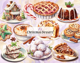 May include: A collection of 25 Christmas dessert illustrations, including gingerbread houses, fruit pies, pudding, cookies, and candy. The illustrations are in a watercolor style and are perfect for use in holiday crafts, cards, and decorations.