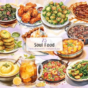 Illustrations de nourriture pour l'âme. Plats, boissons et desserts de cuisine du Sud, poulet frit okra pain de maïs riz haricots gruau jambalaya | clipart PNG