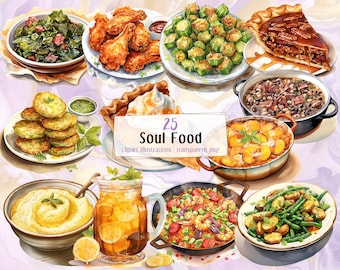 Soul Food illustrations. Southern Cuisine dishes, drinks & desserts, fried okra chicken cornbread rice beans grits jambalaya | PNG clip arts