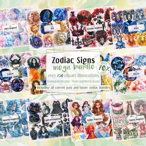 Sternzeichen Mega Bundle. Sortimentspaket mit aktuellen und zukünftigen Angeboten, Horoskop-Astrologie Digital PNG Clipart-Illustrationen | Sofort Download