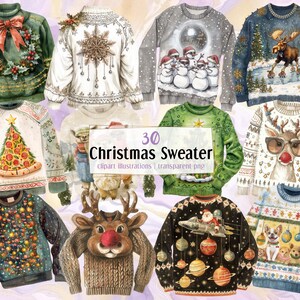 May include: 30 Christmas sweater clipart illustrations. The illustrations feature a variety of holiday themes, including reindeer, snowmen, Christmas trees, and ornaments. The sweaters are all in a watercolor style and have a festive feel.