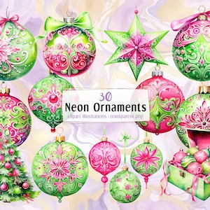Illustrations de décorations de Noël vert néon et rose. Boules de Noël décorées festives dans une boîte, lot de décorations, globes | Image clipart PNG