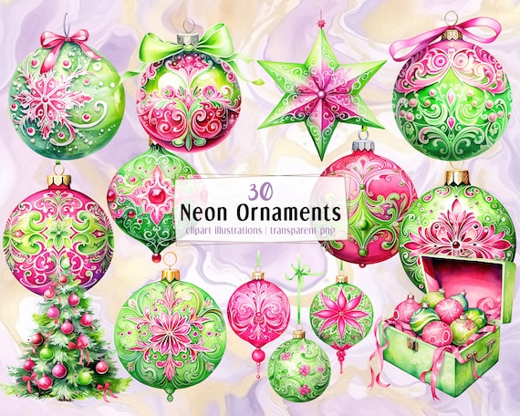 Neon grüne und pinke Weihnachtsschmuck Illustrationen. Festlich dekorierte Weihnachtskugeln in einer Box, Dekorationssatz, Globen | PNG-Clipart
