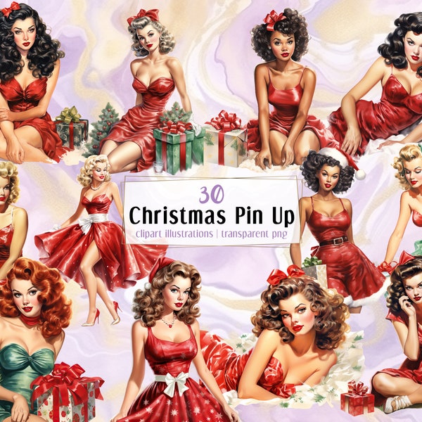 Christmas pin up girls illustrations. Vintage 40's females wearing red dresses, Santa hats, pretty festive rockabilly models | PNG clip arts