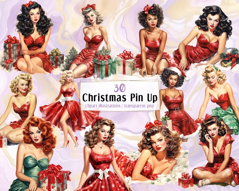 May include: 30 Christmas Pin Up clipart illustrations | transparent png. A collection of 30 digital illustrations featuring women in red, green, and white Christmas outfits. The illustrations are in a vintage pin-up style and are perfect for adding a festive touch to your projects.