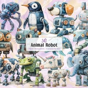 Illustrationen zu Tierrobotern. Niedliches mechanisches Roboterspielzeug für Kinder. Haustier, Insekten, Hai, Hund, Katze, Kuh, Frosch, Pinguinförmiges Spielzeug | PNG-ClipArts